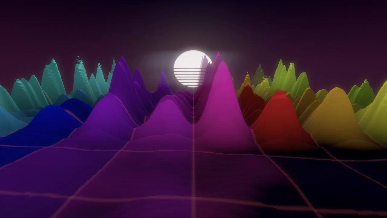 Neon hills rolling toward a striped sun